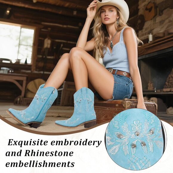 Women's Blue Embroidered Side Zipper Comfortable Chunky Heel Western Boot - Picture 2 of 6